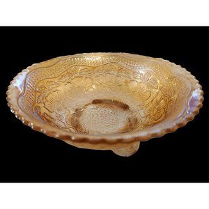 Edwardian Marigold Footed Carnival Glass Bowl Orange Iridescent Shimmer Display